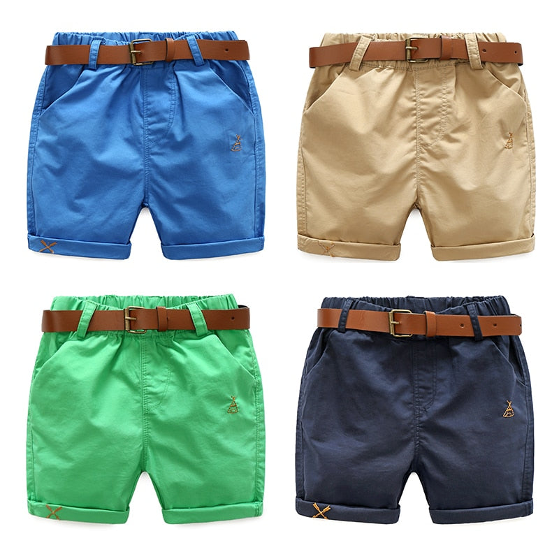 2021 Summer 3-10 Years Cotton Navy Blue Khaki Blue Green Solid Color Children'S Running Sports Boy Shorts Kids With Leather Belt