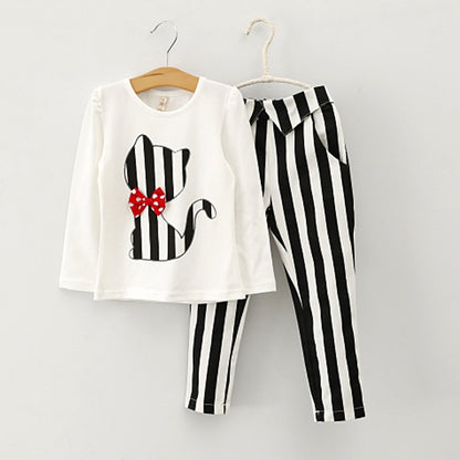 Humor Bear Autumn Baby Girl Clothes Cat Cartoon Long-Sleeve T-Shirt + Stripe Pants Suit Girls Clothing Set Children Clothing