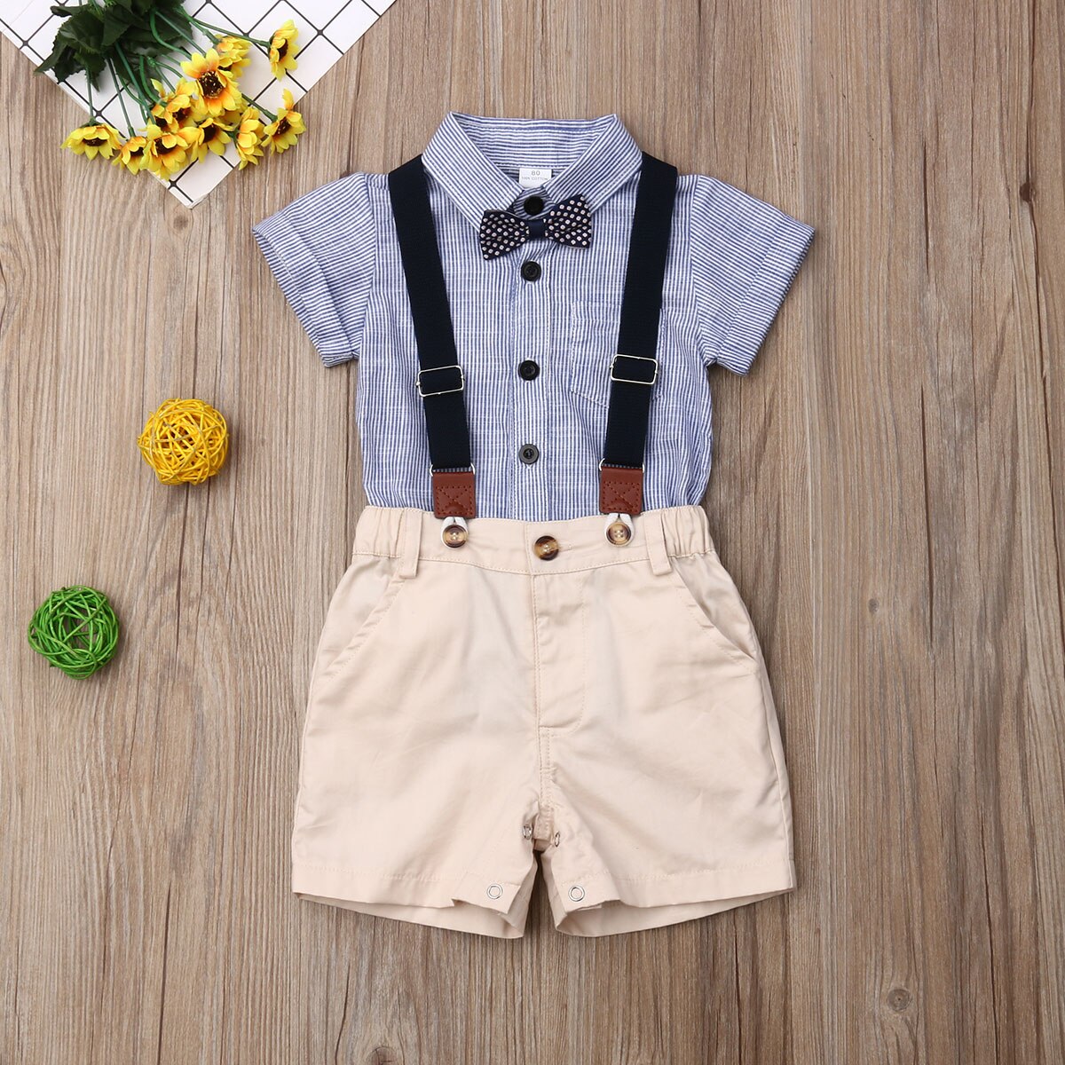Newborn Baby Boy Clothes Short Sleeve Striped Bow Tie Romper Suspender Shorts Overalls 2PCS Summer Clothing Set