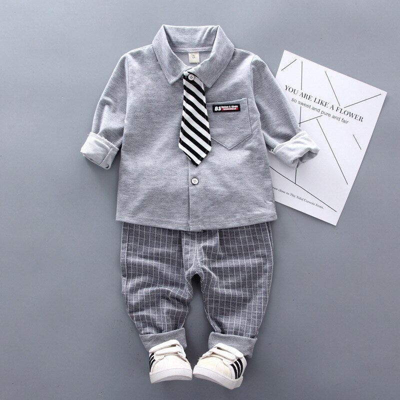 New Spring Baby Boys Fashion Clothing Children Gentleman Tie Shirt Pants 2Pcs/Sets Kids Formal Clothess Infant Cotton Tracksuit