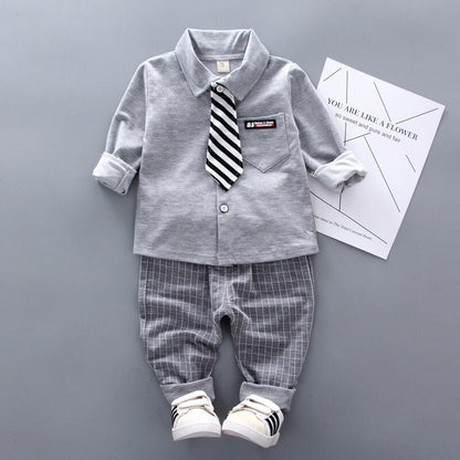 New Spring Baby Boys Fashion Clothing Children Gentleman Tie Shirt Pants 2Pcs/Sets Kids Formal Clothess Infant Cotton Tracksuit