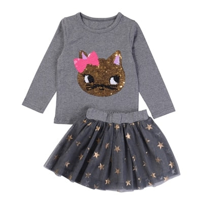 Humor Bear Autumn Baby Girl Clothes Cat Cartoon Long-Sleeve T-Shirt + Stripe Pants Suit Girls Clothing Set Children Clothing