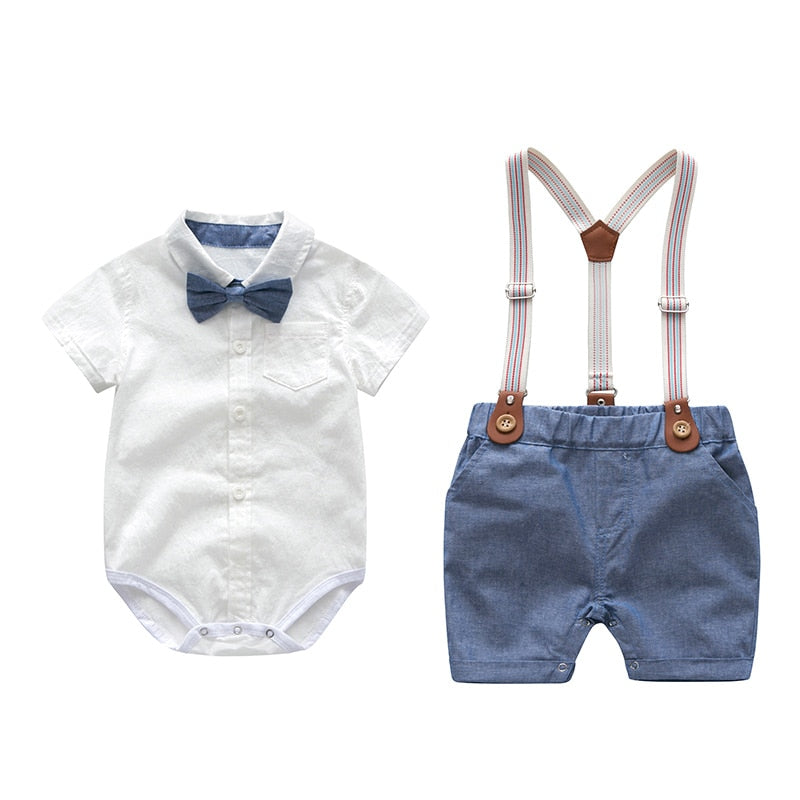 Baby Boys Bow Formal Romper Clothes Suits Gentleman Party Suit Soft Cotton Solid Jumpsuit + Suspender Pants Infant Toddler Set 1