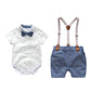 Baby Boys Bow Formal Romper Clothes Suits Gentleman Party Suit Soft Cotton Solid Jumpsuit + Suspender Pants Infant Toddler Set 1