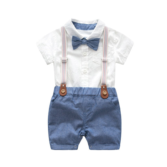 Baby Boys Bow Formal Romper Clothes Suits Gentleman Party Suit Soft Cotton Solid Jumpsuit + Suspender Pants Infant Toddler Set 1