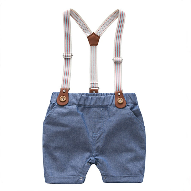 Baby Boys Bow Formal Romper Clothes Suits Gentleman Party Suit Soft Cotton Solid Jumpsuit + Suspender Pants Infant Toddler Set 1