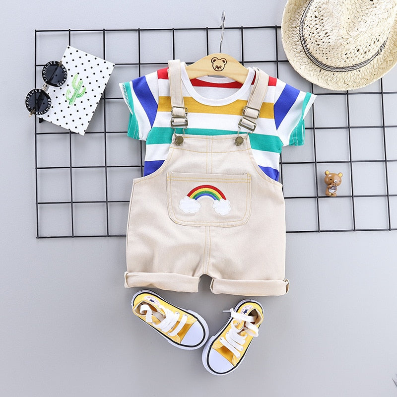 Summer Baby Short Sleeve Clothing Boys and Girls Cotton Tracksuit Striped Top+Overalls For Toddler Children Casual Clothing