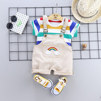 Summer Baby Short Sleeve Clothing Boys and Girls Cotton Tracksuit Striped Top+Overalls For Toddler Children Casual Clothing