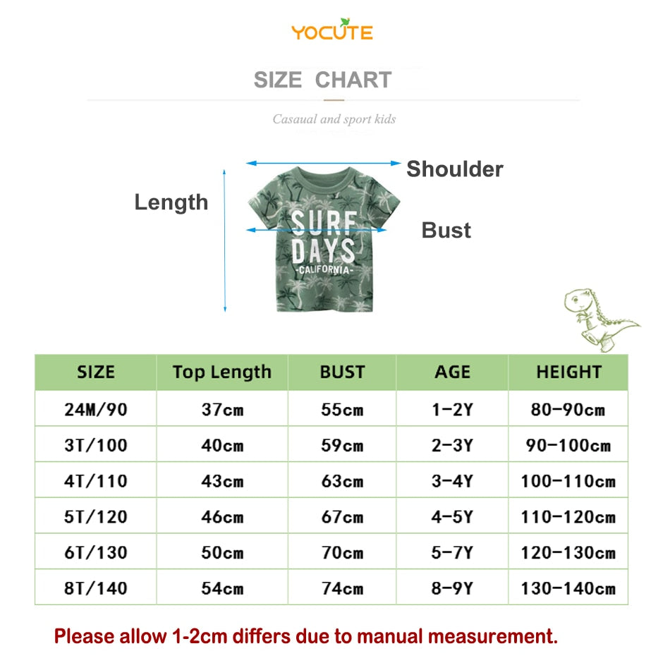 Yocute Children&#39;s T-shirt Summer 2022 New Kids Clothing Cotton Boys Clothes Casual Style Cartoon Dragon Boy Oversized T-shirt