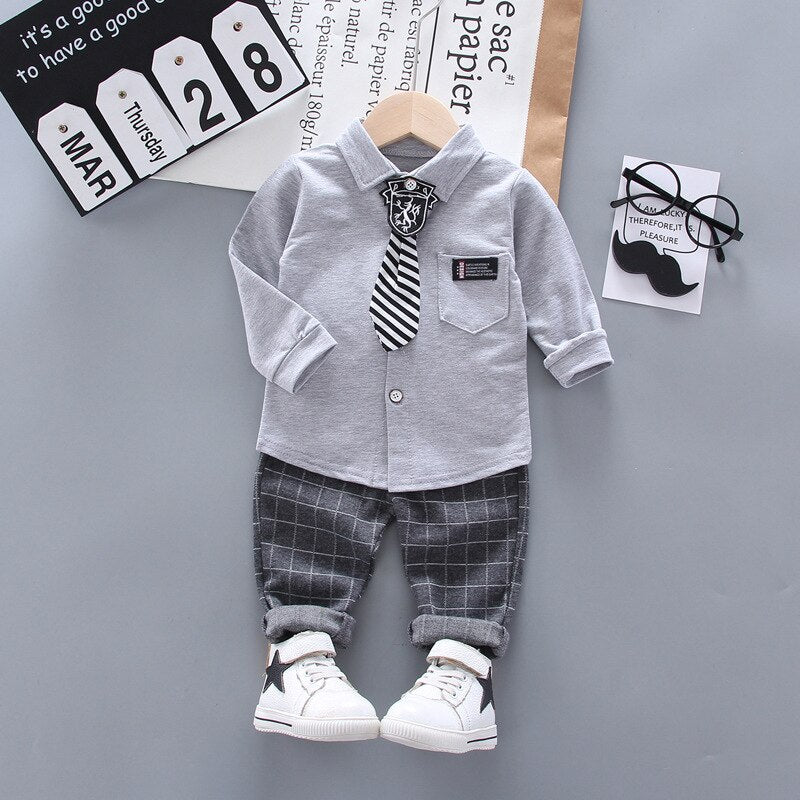 New Spring Baby Boys Fashion Clothing Children Gentleman Tie Shirt Pants 2Pcs/Sets Kids Formal Clothess Infant Cotton Tracksuit