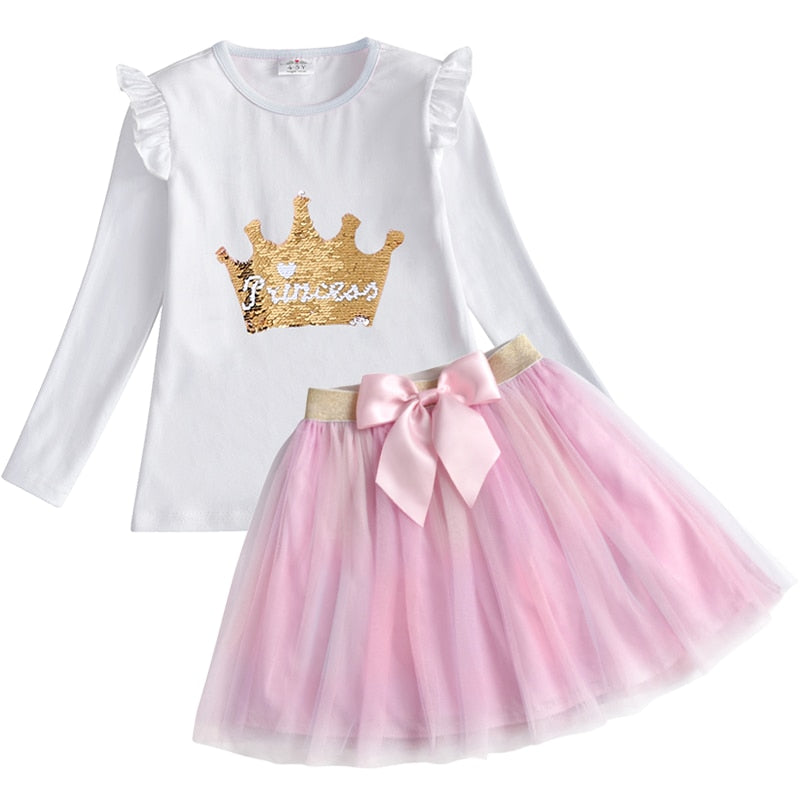 VIKITA Children Clothing Autumn Toddler Girls Clothes T-shirt+ Layered Skirt 2pc Outfit Suit Kids Clothes Girls Clothing Sets