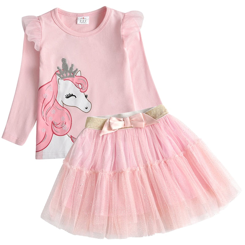 VIKITA Children Clothing Autumn Toddler Girls Clothes T-shirt+ Layered Skirt 2pc Outfit Suit Kids Clothes Girls Clothing Sets