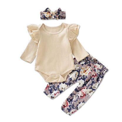 3pcs Toddler Infant Newborn Baby Girls Kids Long Butterfly Sleeve Romper Floral Pant Headband Playsuit Outfits Jumpsuit Clothes