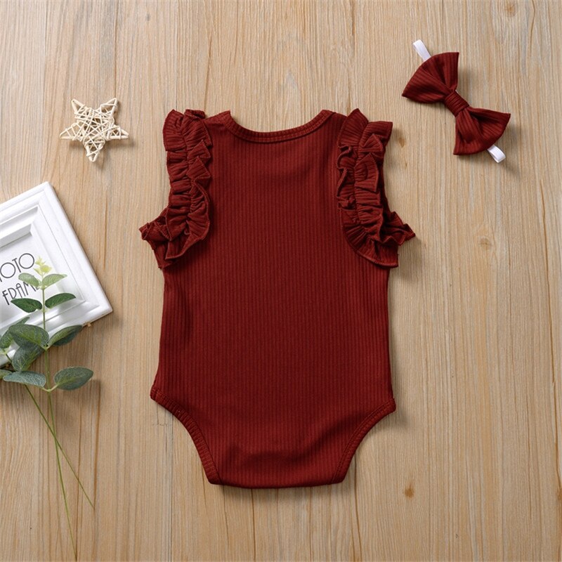 0-18M  Newborn Baby Girl Ribbed Knitted Cotton Romper Ruffles Jumpsuit Headband 2Pcs Outfits