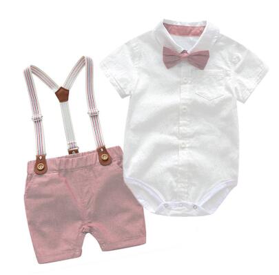 Baby Boys Bow Formal Romper Clothes Suits Gentleman Party Suit Soft Cotton Solid Jumpsuit + Suspender Pants Infant Toddler Set 1