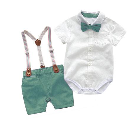 Baby Boys Bow Formal Romper Clothes Suits Gentleman Party Suit Soft Cotton Solid Jumpsuit + Suspender Pants Infant Toddler Set 1