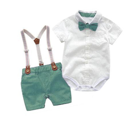 Baby Boys Bow Formal Romper Clothes Suits Gentleman Party Suit Soft Cotton Solid Jumpsuit + Suspender Pants Infant Toddler Set 1