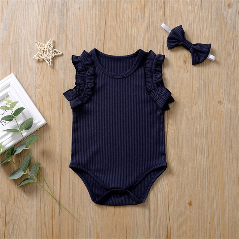 0-18M  Newborn Baby Girl Ribbed Knitted Cotton Romper Ruffles Jumpsuit Headband 2Pcs Outfits