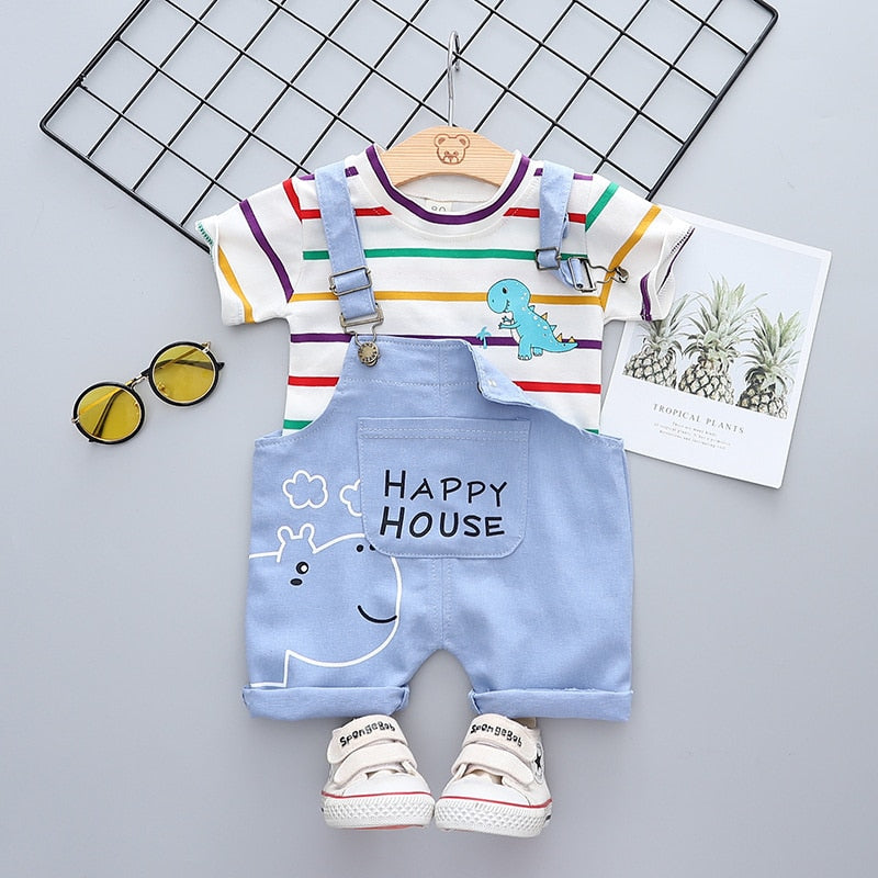 Summer Baby Short Sleeve Clothing Boys and Girls Cotton Tracksuit Striped Top+Overalls For Toddler Children Casual Clothing