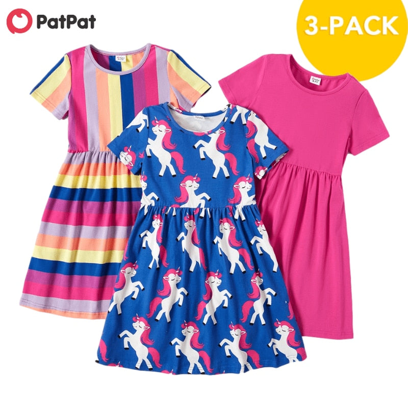 PatPat New Arrival Summer 3-piece Unicorn Allover Striped Print Solid Dresses Children&#39;s Clothing