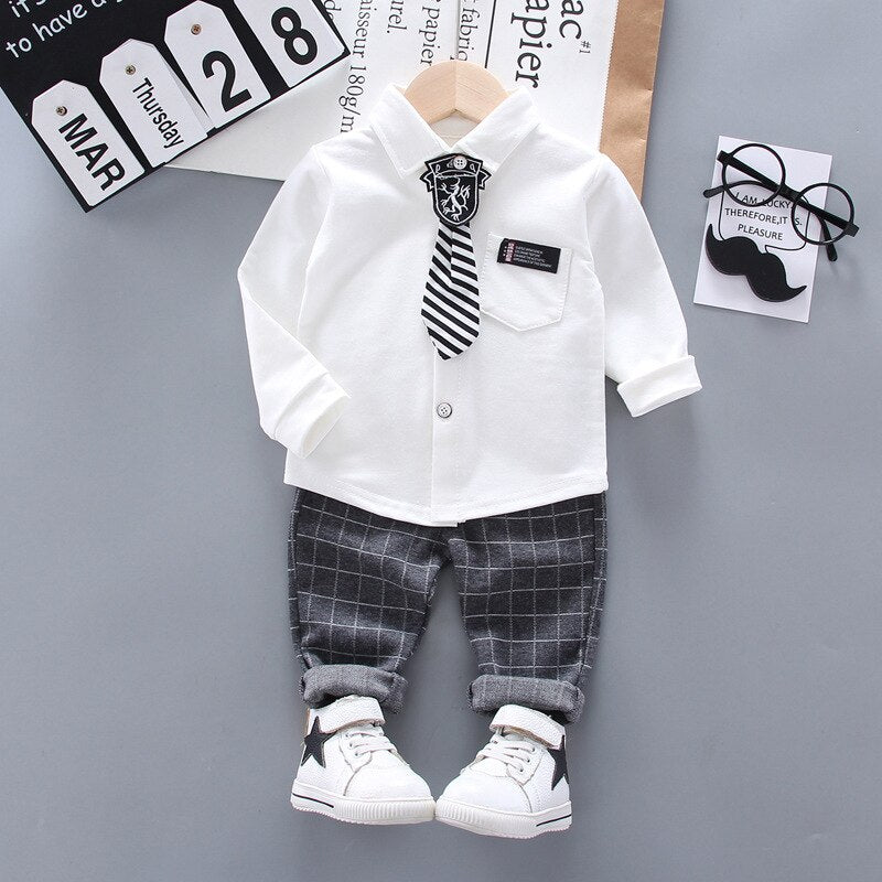 New Spring Baby Boys Fashion Clothing Children Gentleman Tie Shirt Pants 2Pcs/Sets Kids Formal Clothess Infant Cotton Tracksuit