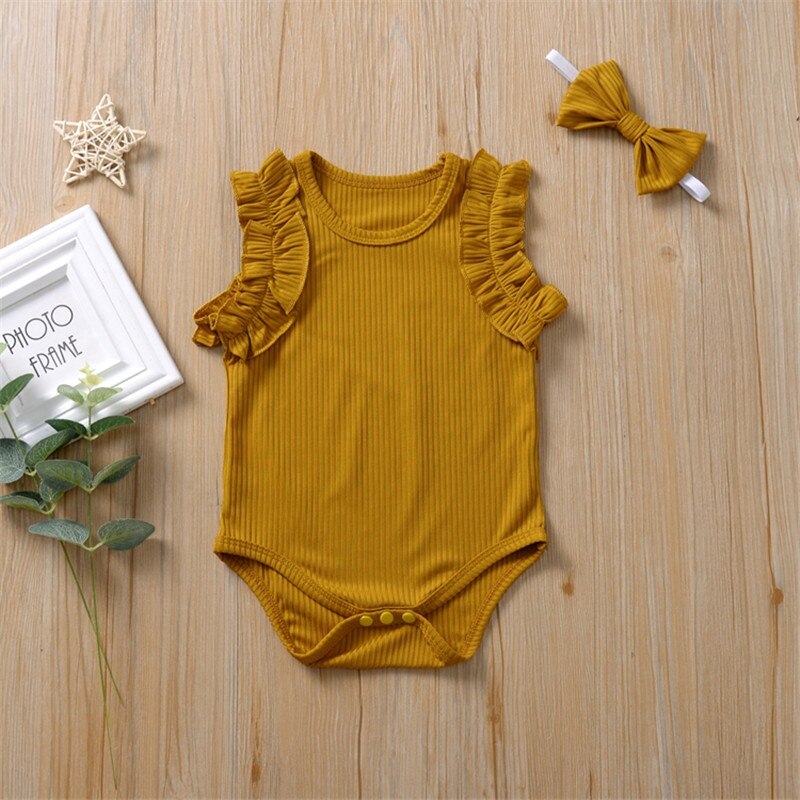 0-18M  Newborn Baby Girl Ribbed Knitted Cotton Romper Ruffles Jumpsuit Headband 2Pcs Outfits