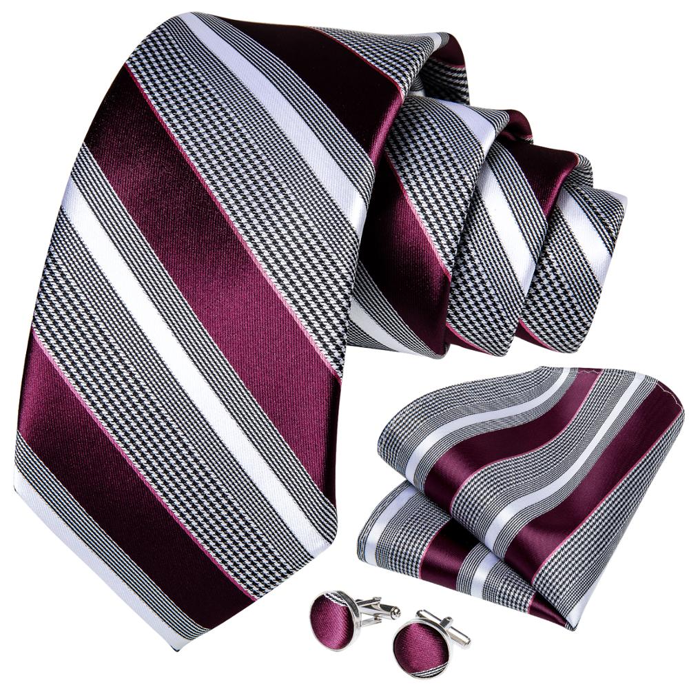 Fashion Striped Tie For Men Red Wine White Silk Wedding Tie Hanky Cufflink Gift Tie Set DiBanGu Novelty Design Business MJ-7337