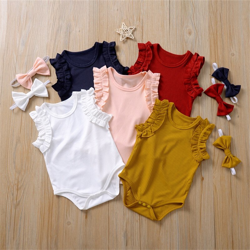 0-18M  Newborn Baby Girl Ribbed Knitted Cotton Romper Ruffles Jumpsuit Headband 2Pcs Outfits