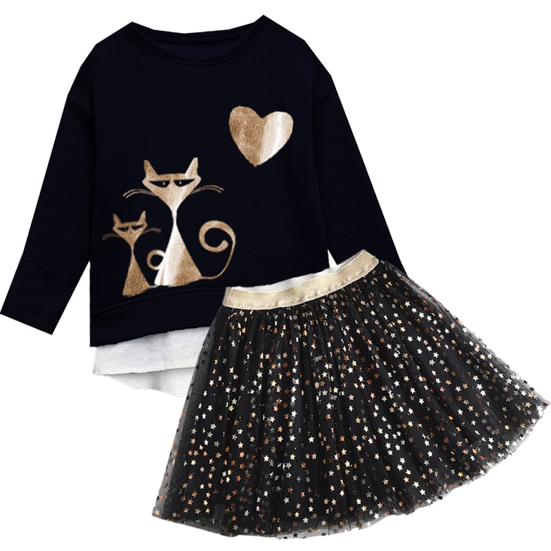 VIKITA Children Clothing Autumn Toddler Girls Clothes T-shirt+ Layered Skirt 2pc Outfit Suit Kids Clothes Girls Clothing Sets