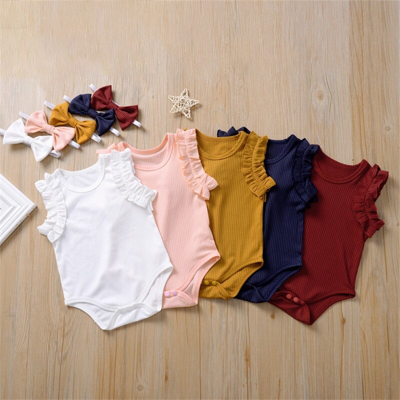 0-18M  Newborn Baby Girl Ribbed Knitted Cotton Romper Ruffles Jumpsuit Headband 2Pcs Outfits
