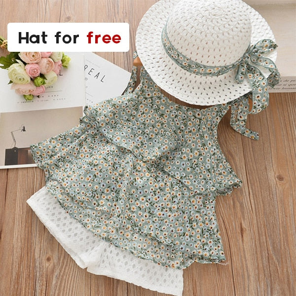 Bear Leader Girls Clothing Sets 2022 Summer Kids Clothes Floral Chiffon Halter+Embroidered Shorts Straw Children Clothing