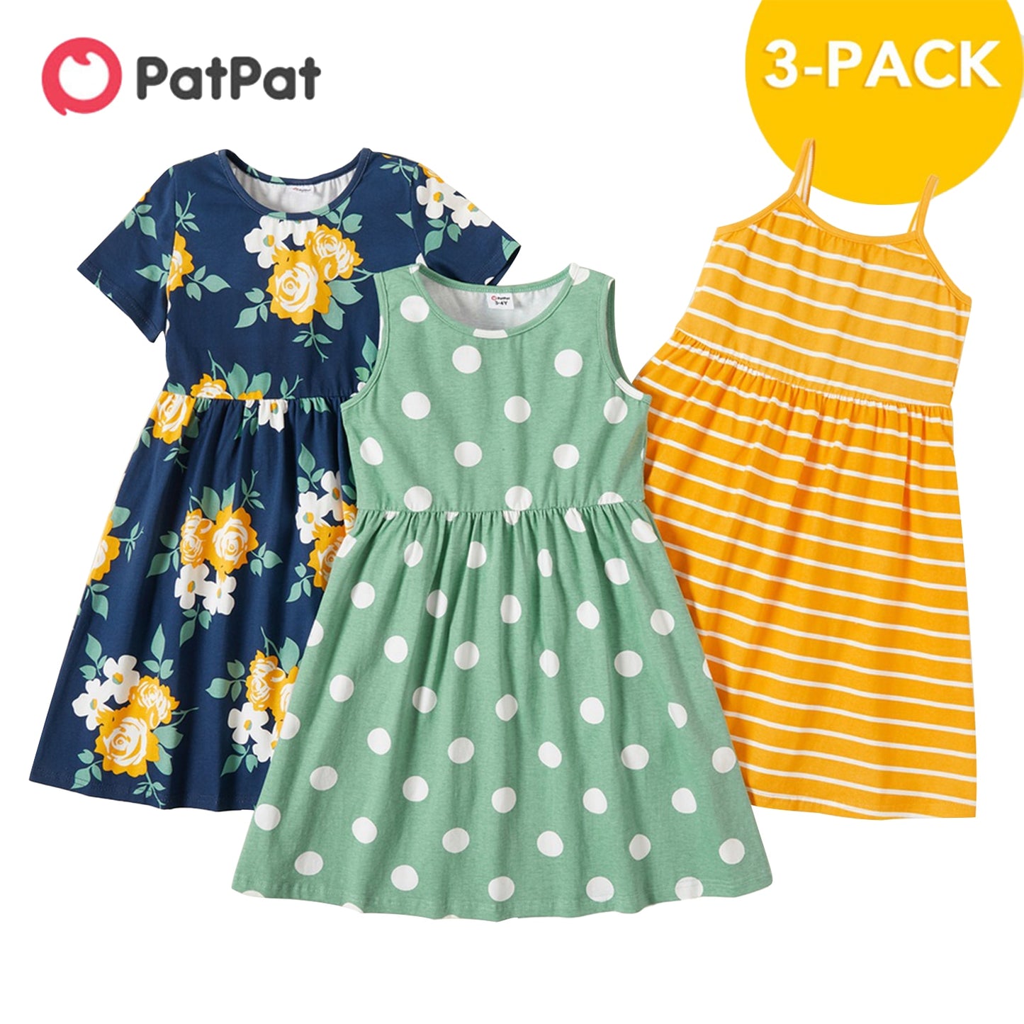 PatPat New Arrival Summer 3-piece Unicorn Allover Striped Print Solid Dresses Children&#39;s Clothing