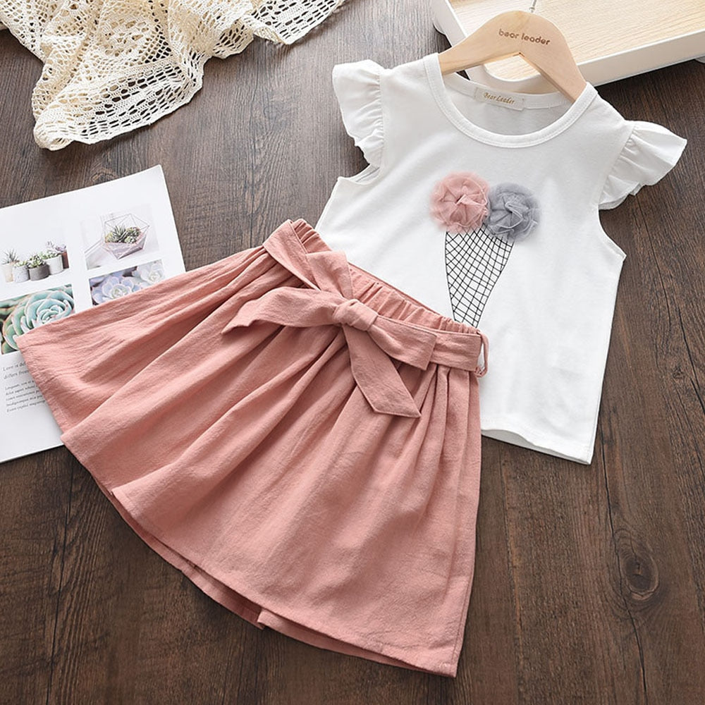 Bear Leader Girls Clothing Sets 2022 Summer Kids Clothes Floral Chiffon Halter+Embroidered Shorts Straw Children Clothing