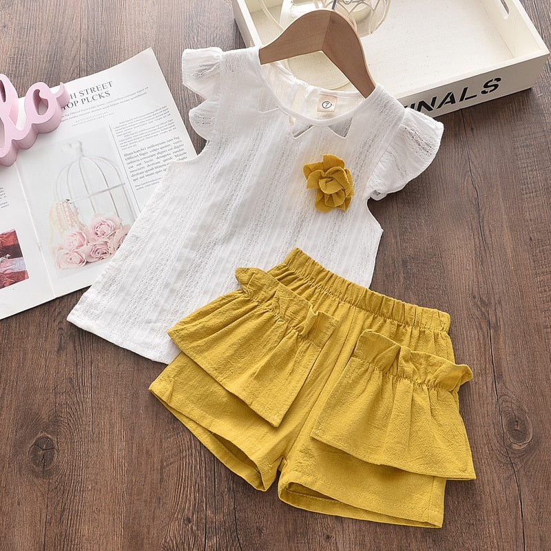 Bear Leader Girls Clothing Sets 2022 Summer Kids Clothes Floral Chiffon Halter+Embroidered Shorts Straw Children Clothing