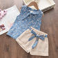 Bear Leader Girls Clothing Sets 2022 Summer Kids Clothes Floral Chiffon Halter+Embroidered Shorts Straw Children Clothing
