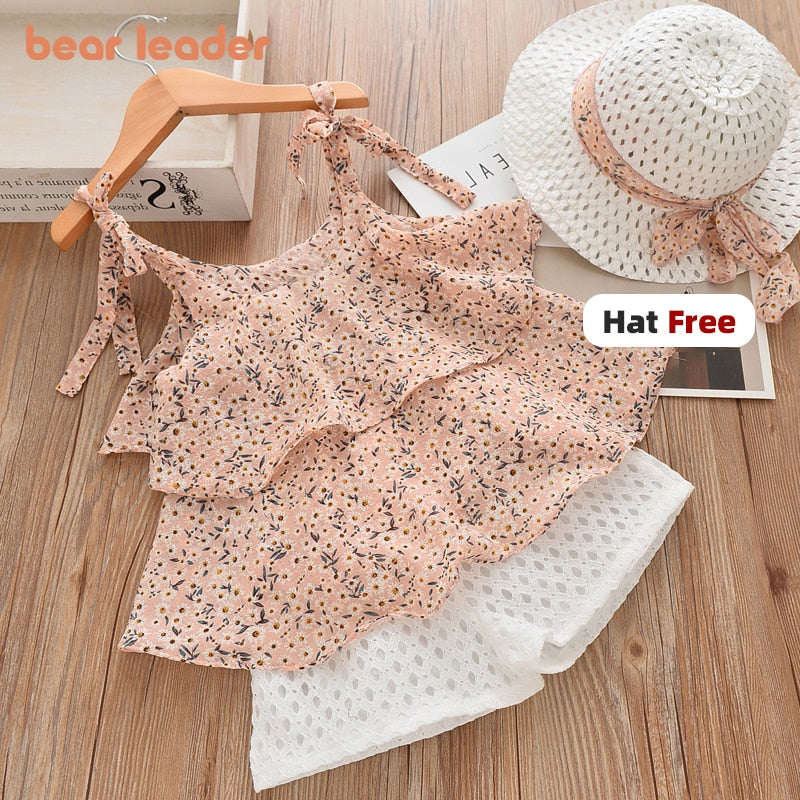 Bear Leader Girls Clothing Sets 2022 Summer Kids Clothes Floral Chiffon Halter+Embroidered Shorts Straw Children Clothing