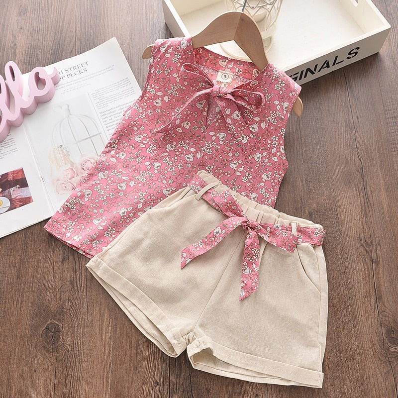 Bear Leader Girls Clothing Sets 2022 Summer Kids Clothes Floral Chiffon Halter+Embroidered Shorts Straw Children Clothing