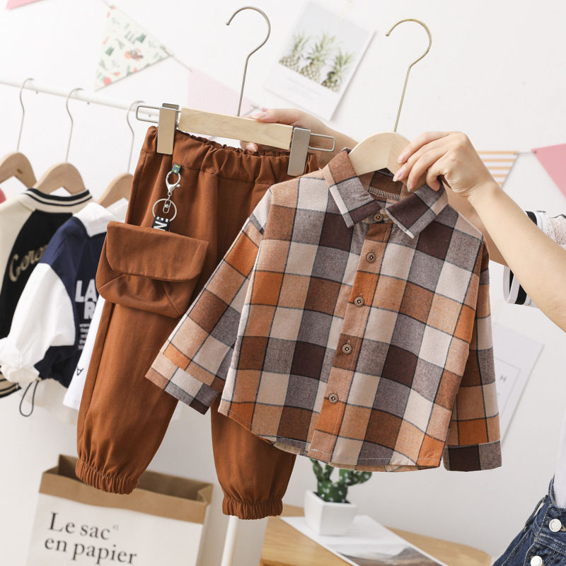 2 Pcs Spring Cotton Toddler Children Clothing Sets Plaid Shirt+Pants Baby Boys Clothing Suit Kids Clothing for Boys Sets Clothes