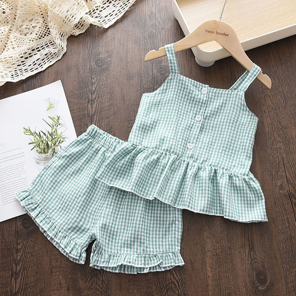 Bear Leader Girls Clothing Sets 2022 Summer Kids Clothes Floral Chiffon Halter+Embroidered Shorts Straw Children Clothing