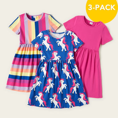 PatPat New Arrival Summer 3-piece Unicorn Allover Striped Print Solid Dresses Children&#39;s Clothing